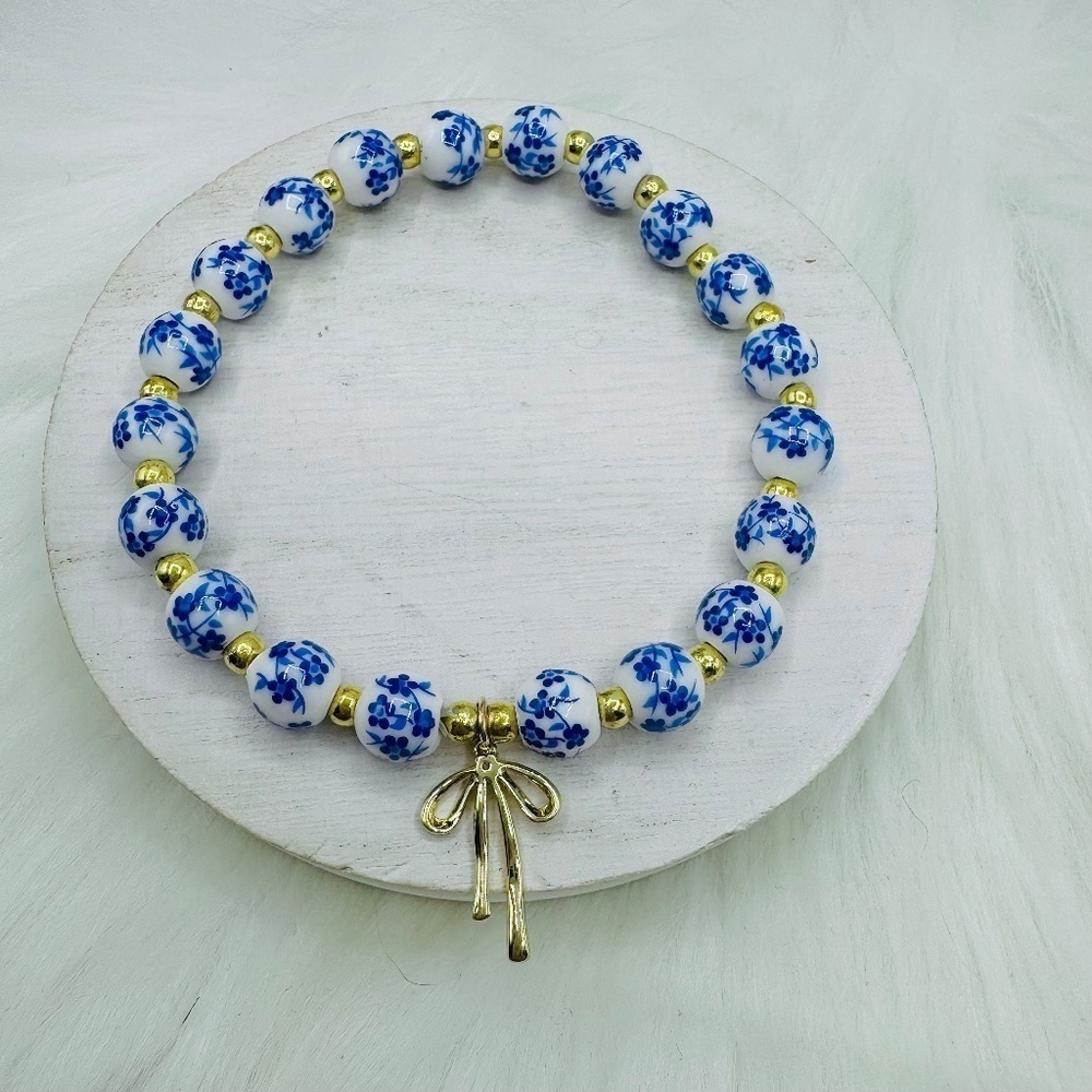 Chinese-Style Ceramic Floral Beaded Stretch Bracelet w/ Bow Charm